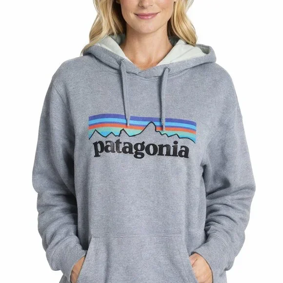 Patagonia Navy Logo Pullover Hoodie Kangaroo Pocket Casual Sweatshirt Sz Medium - Picture 1 of 7